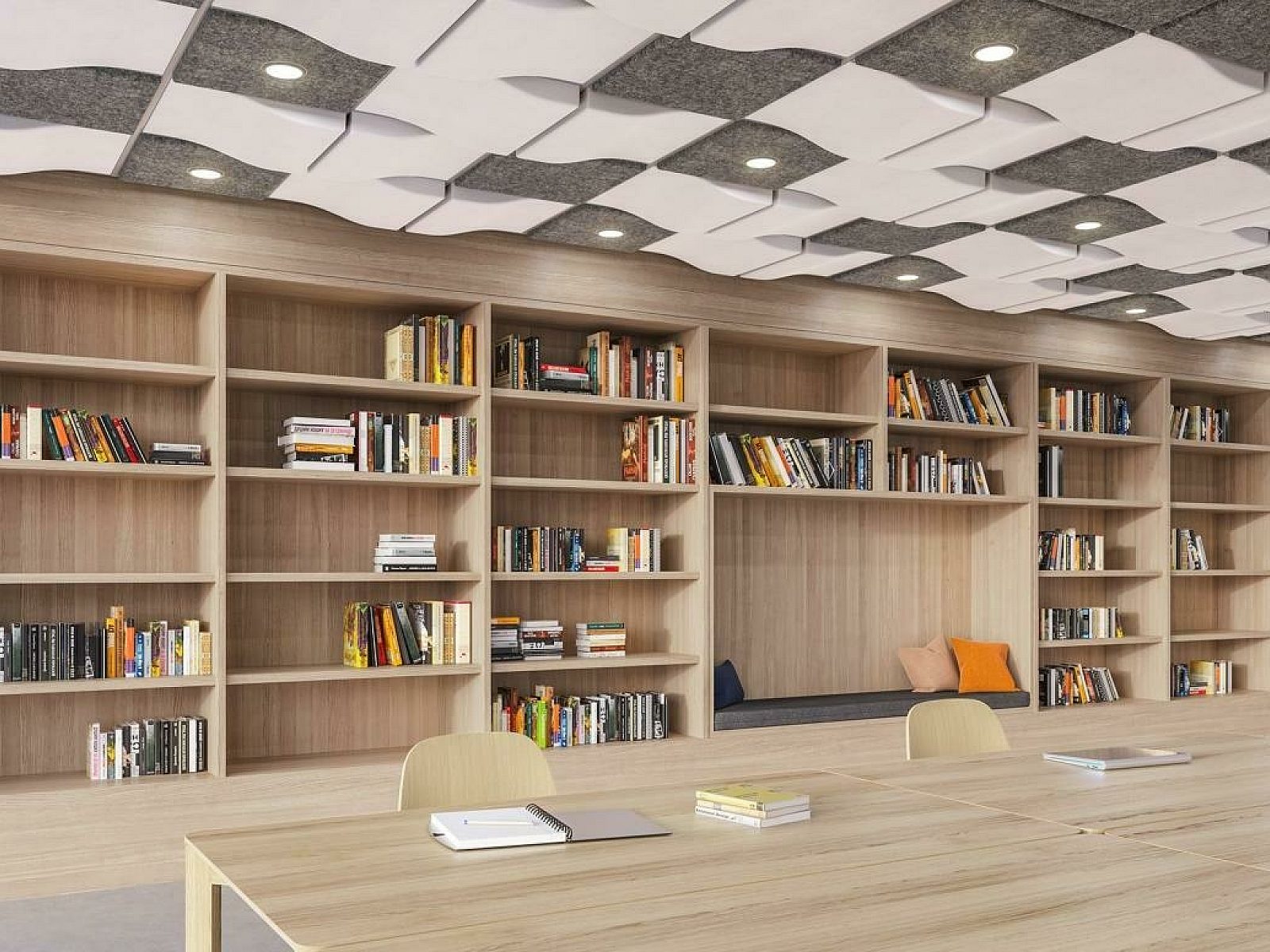 Open library with white and grey tiles