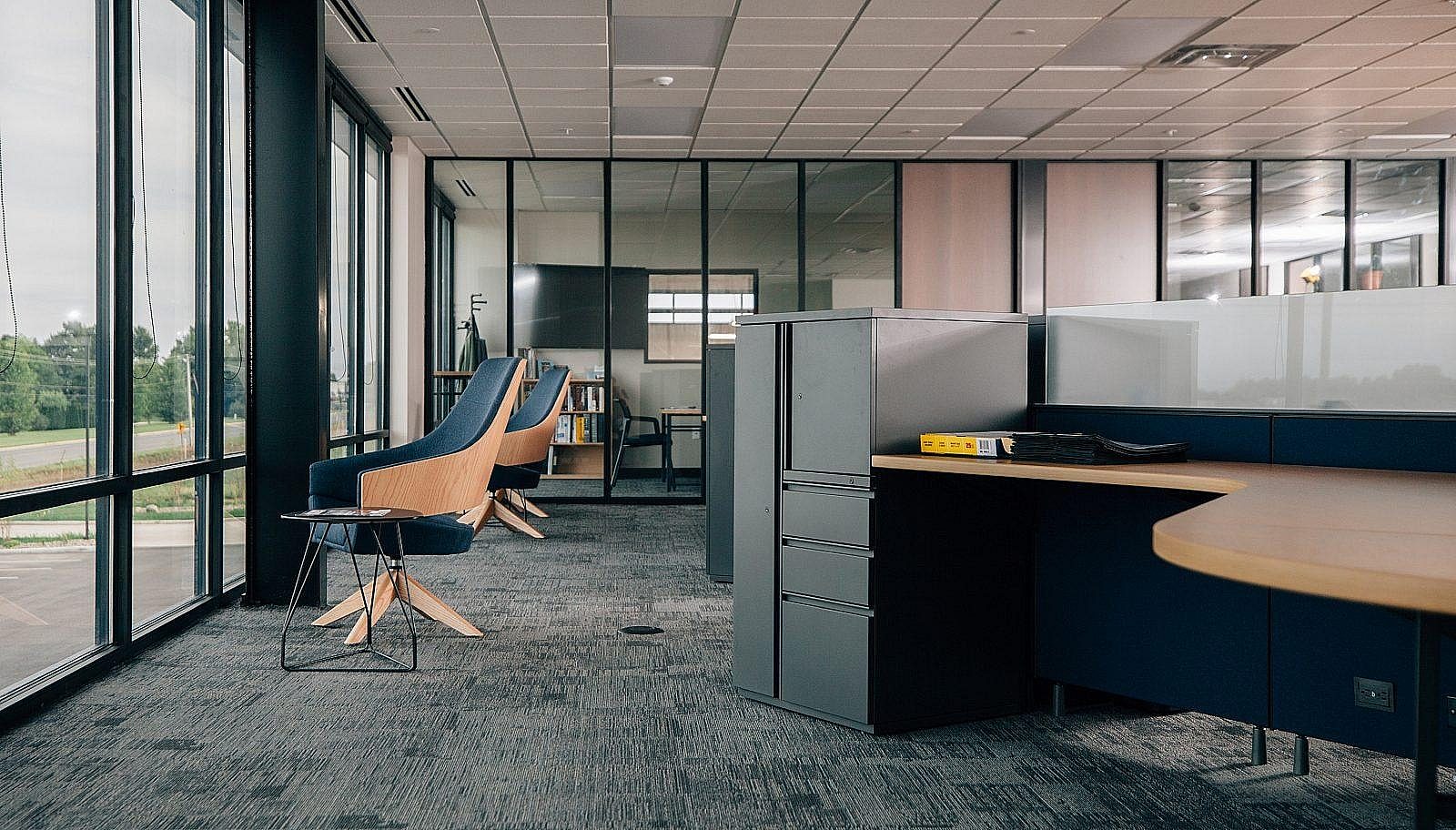 DSS Valves office space with large open windows and modern chairs