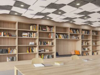 Open library with white and grey tiles