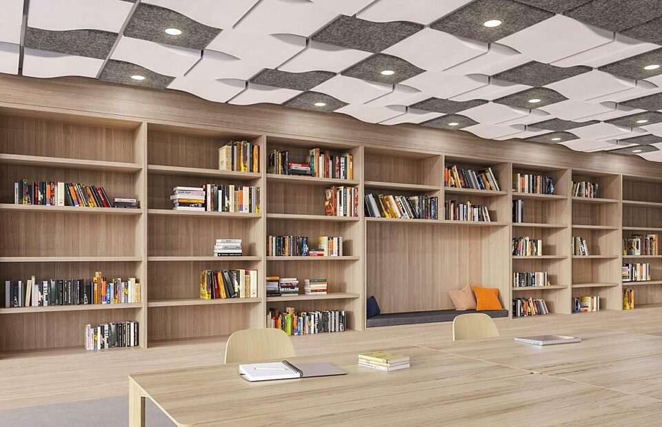 Open library with white and grey tiles